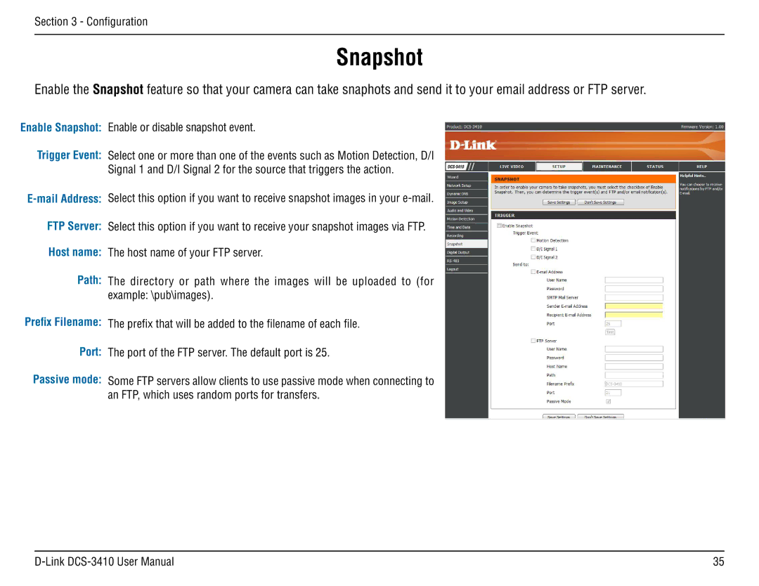 D-Link DCS-3410 manual Snapshot, FTP Server Host name Path 