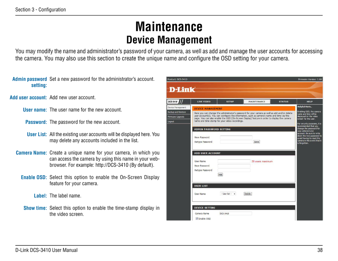 D-Link DCS-3410 manual Maintenance, Device Management 