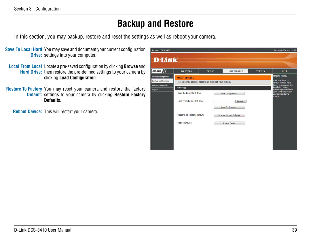 D-Link DCS-3410 manual Backup and Restore, Clicking Load Configuration 