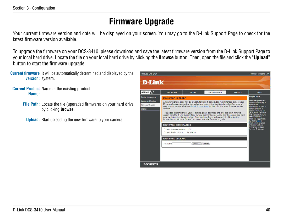 D-Link DCS-3410 manual Firmware Upgrade, Name 