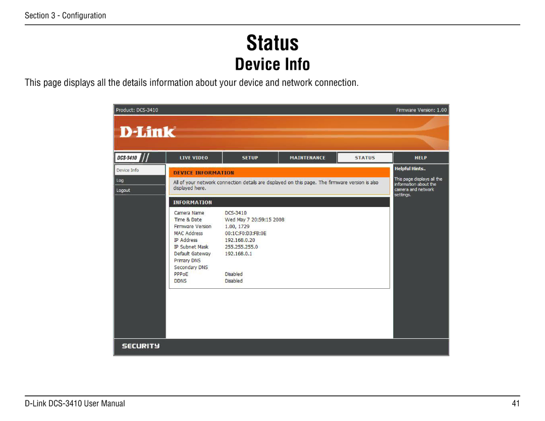 D-Link DCS-3410 manual Status, Device Info 