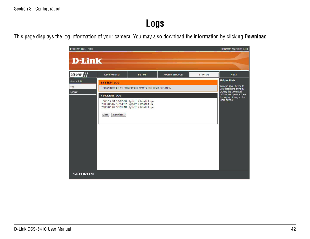 D-Link DCS-3410 manual Logs 