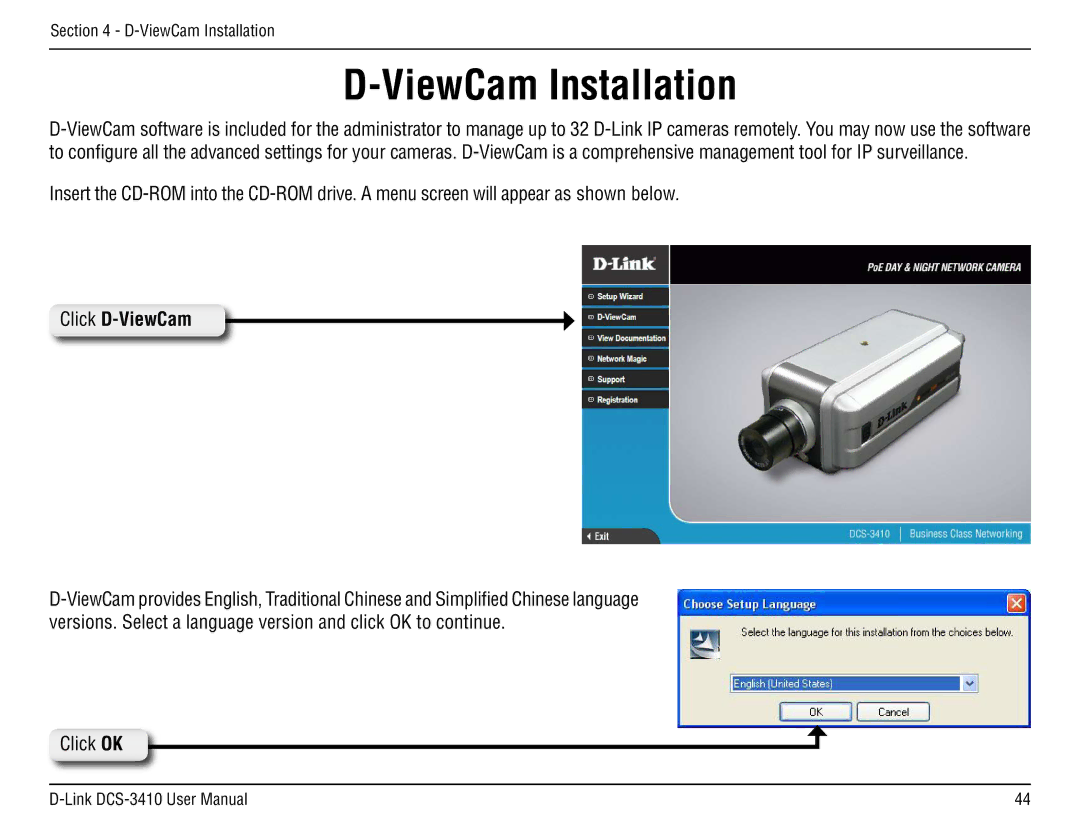 D-Link DCS-3410 manual ViewCam Installation, Click D-ViewCam 