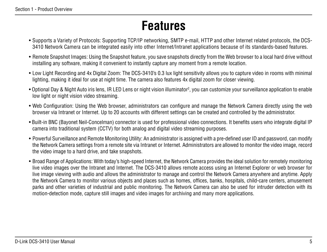 D-Link DCS-3410 manual Features 