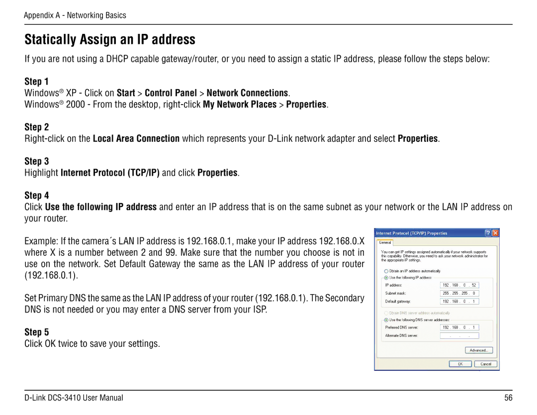 D-Link DCS-3410 manual Step Highlight Internet Protocol TCP/IP and click Properties 