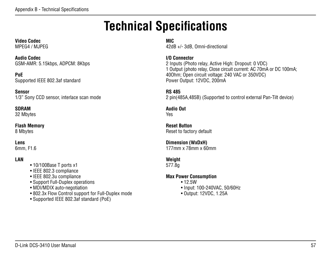 D-Link DCS-3410 manual Technical Specifications, Lan 