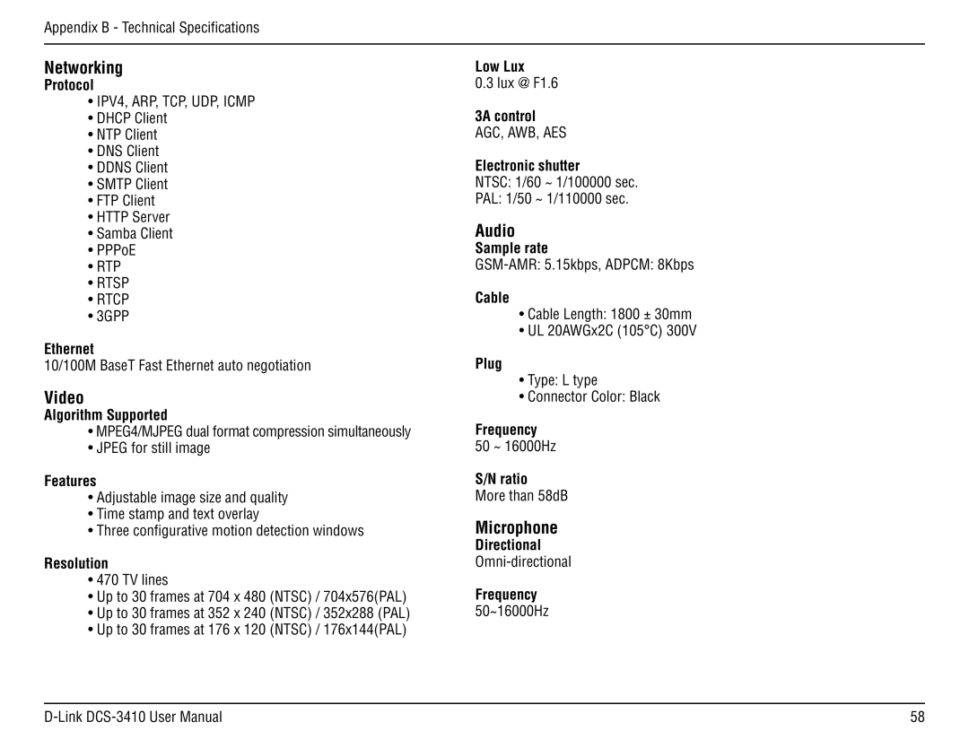 D-Link DCS-3410 manual Networking, Video, Audio, Microphone 