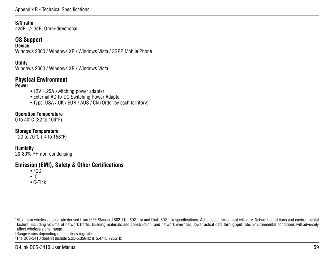 D-Link DCS-3410 manual OS Support, Physical Environment, Emission EMI, Safety & Other Certifications 