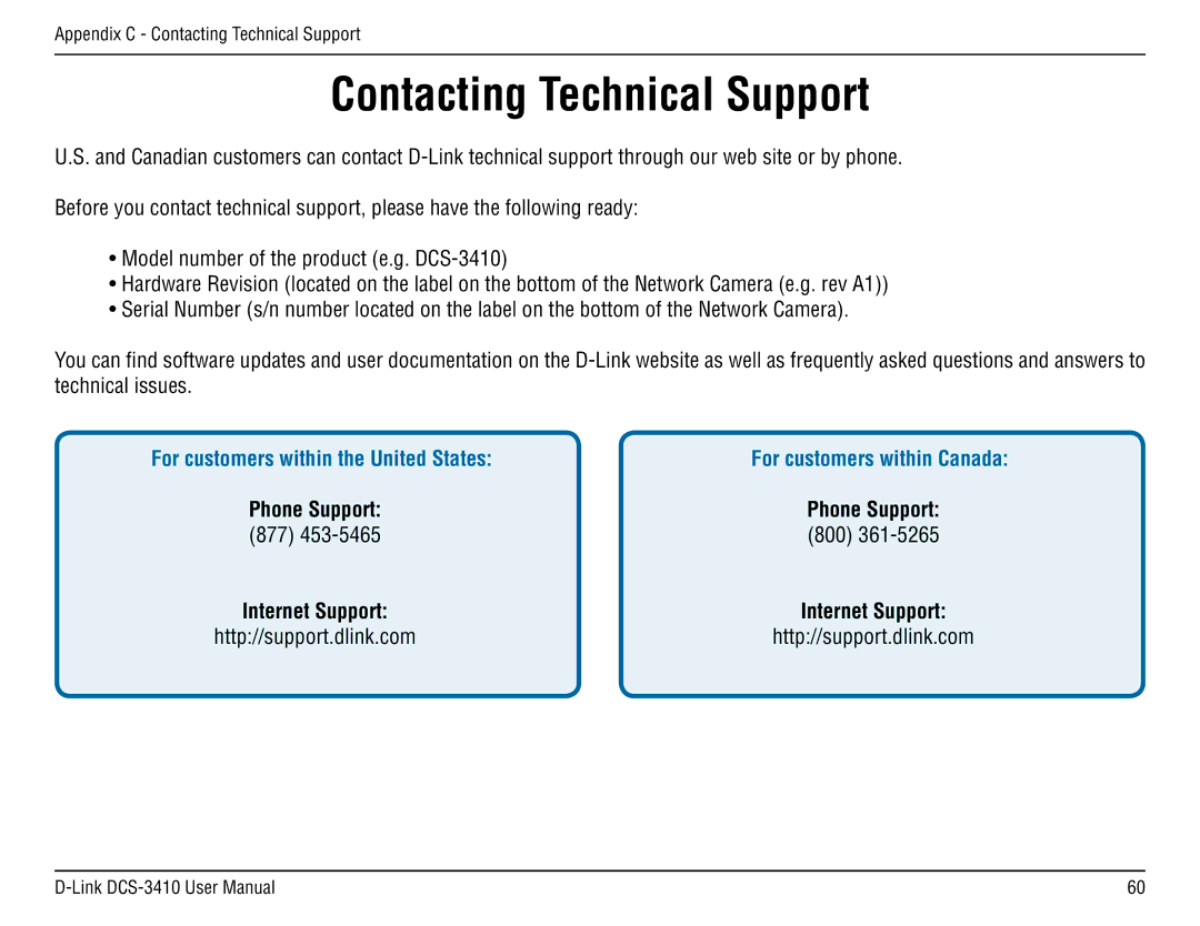 D-Link DCS-3410 manual Contacting Technical Support, For customers within the United States 