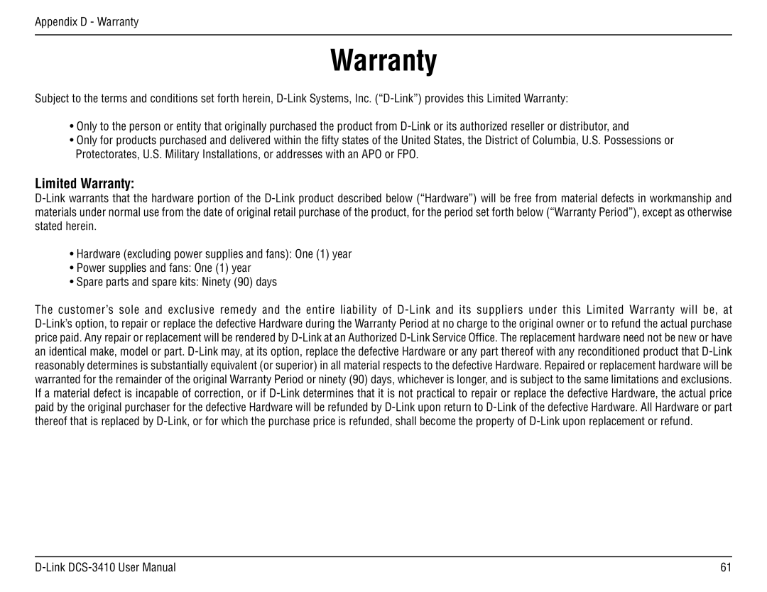 D-Link DCS-3410 manual Limited Warranty 