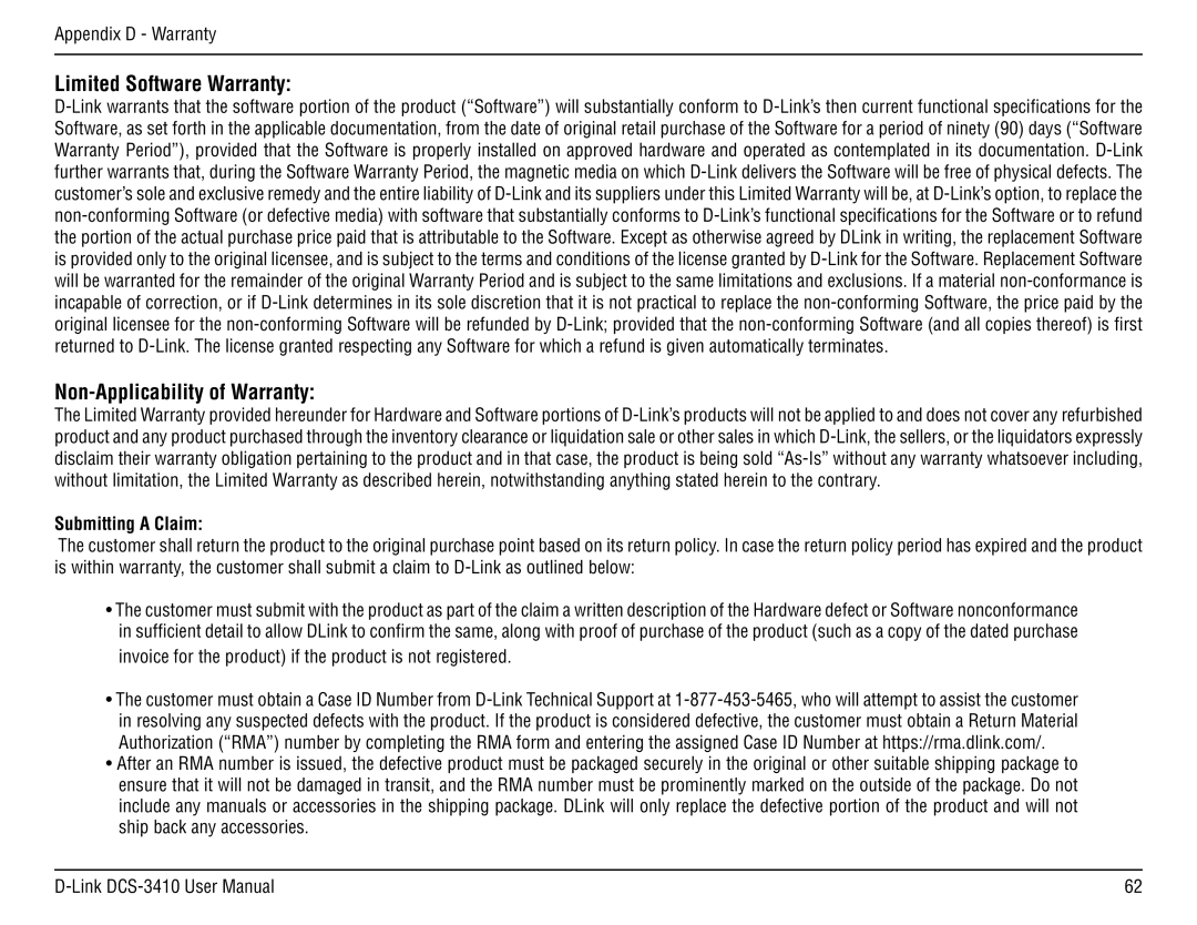 D-Link DCS-3410 manual Limited Software Warranty, Non-Applicability of Warranty 