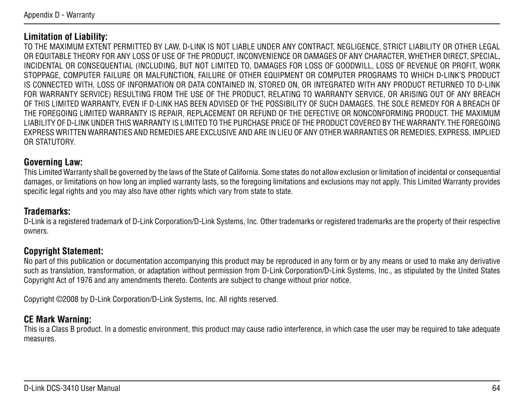 D-Link DCS-3410 manual Limitation of Liability, Governing Law, Trademarks, Copyright Statement, CE Mark Warning 