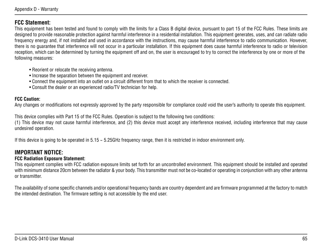 D-Link DCS-3410 manual FCC Statement, FCC Caution 