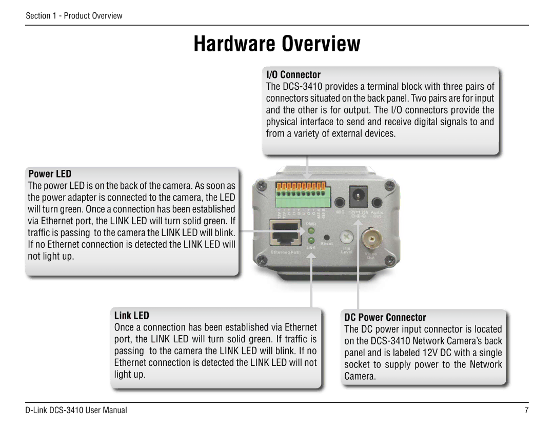 D-Link DCS-3410 manual Power LED, Link LED, DC Power Connector 