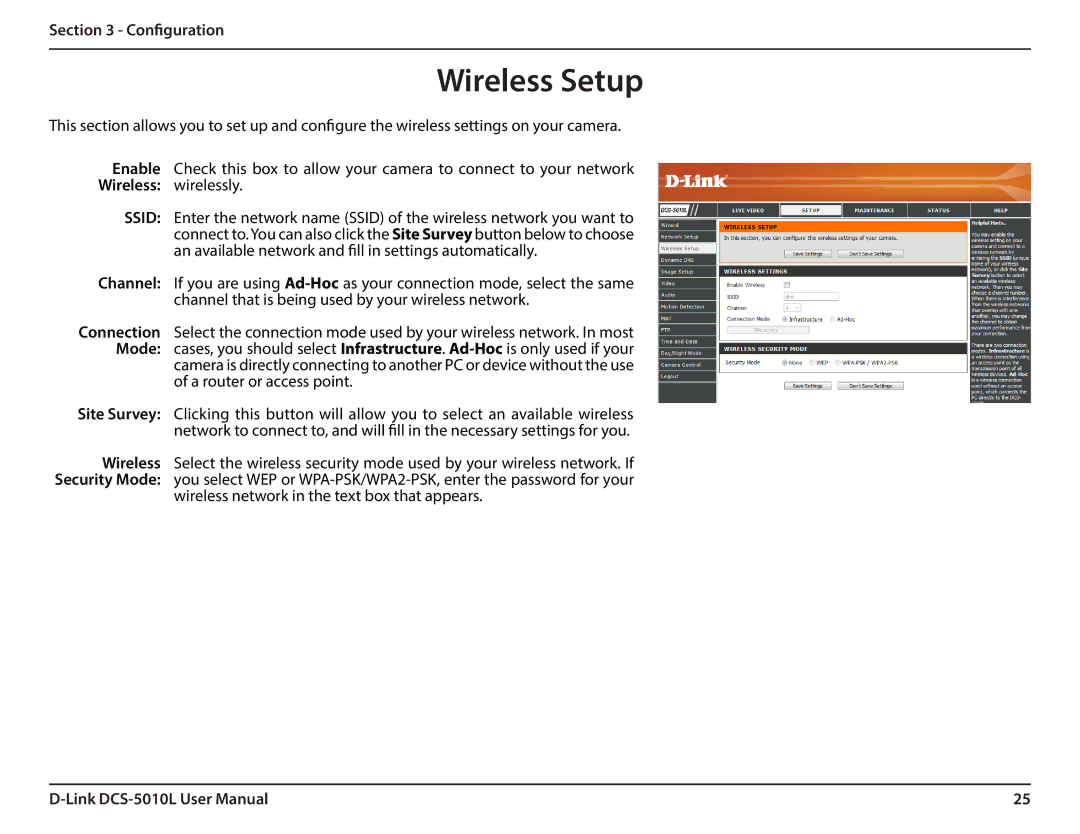 D-Link DCS-5010L user manual Wireless Setup 