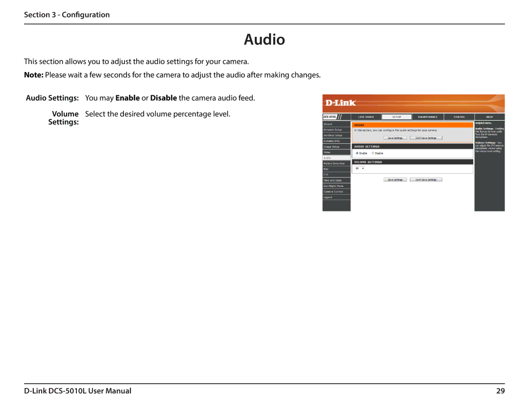 D-Link DCS-5010L user manual Audio, Settings 