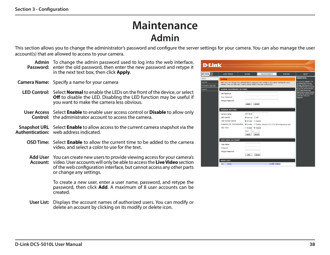 D-Link DCS-5010L user manual Maintenance, Admin 