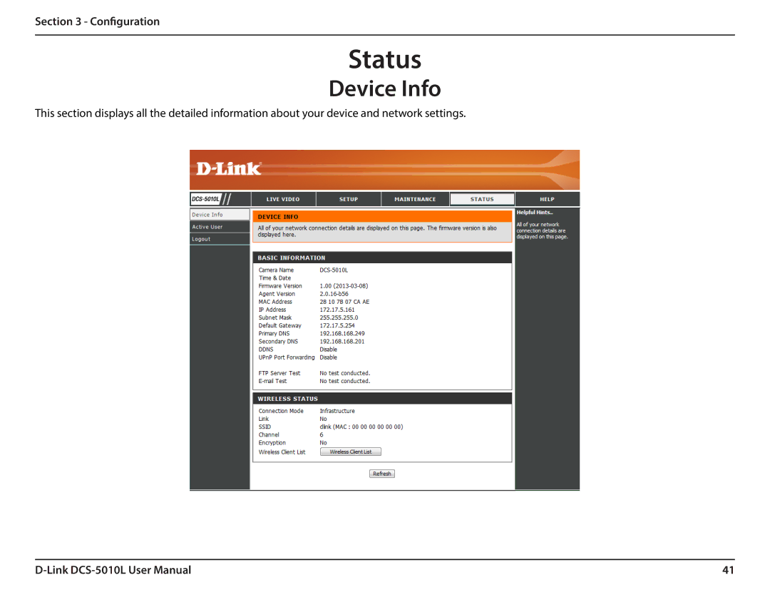 D-Link DCS-5010L user manual Status, Device Info 