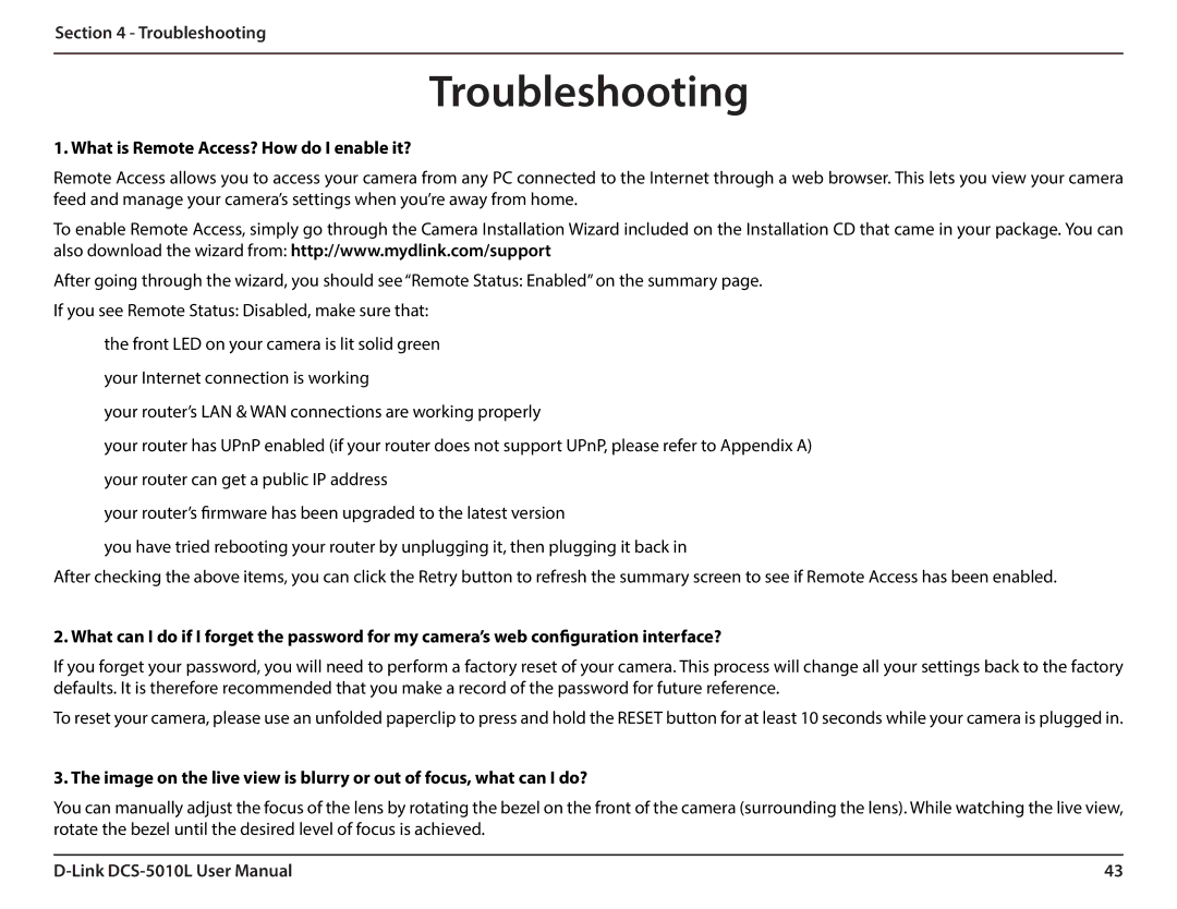 D-Link DCS-5010L user manual Troubleshooting, What is Remote Access? How do I enable it? 