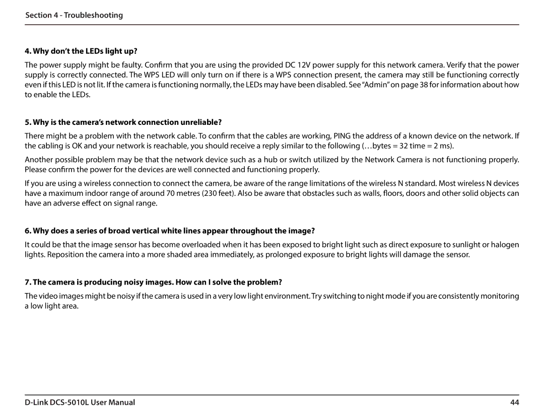 D-Link DCS-5010L Troubleshooting Why don’t the LEDs light up?, Why is the camera’s network connection unreliable? 