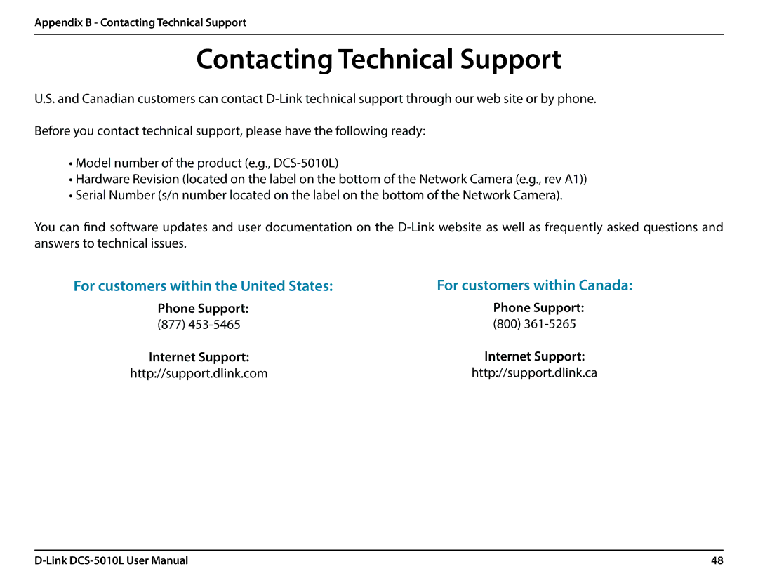 D-Link DCS-5010L user manual Phone Support, Appendix B Contacting Technical Support 