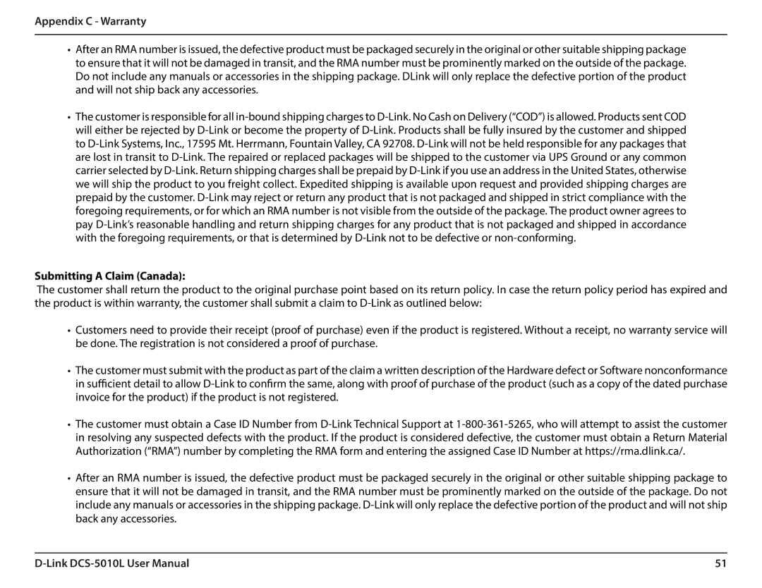 D-Link DCS-5010L user manual Submitting a Claim Canada 