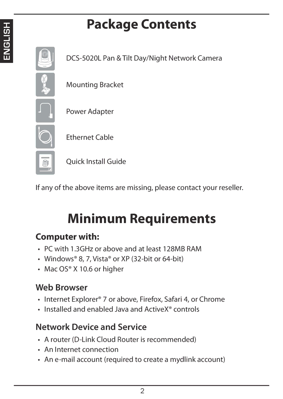 D-Link DCS-5020L manual Package Contents, Minimum Requirements 