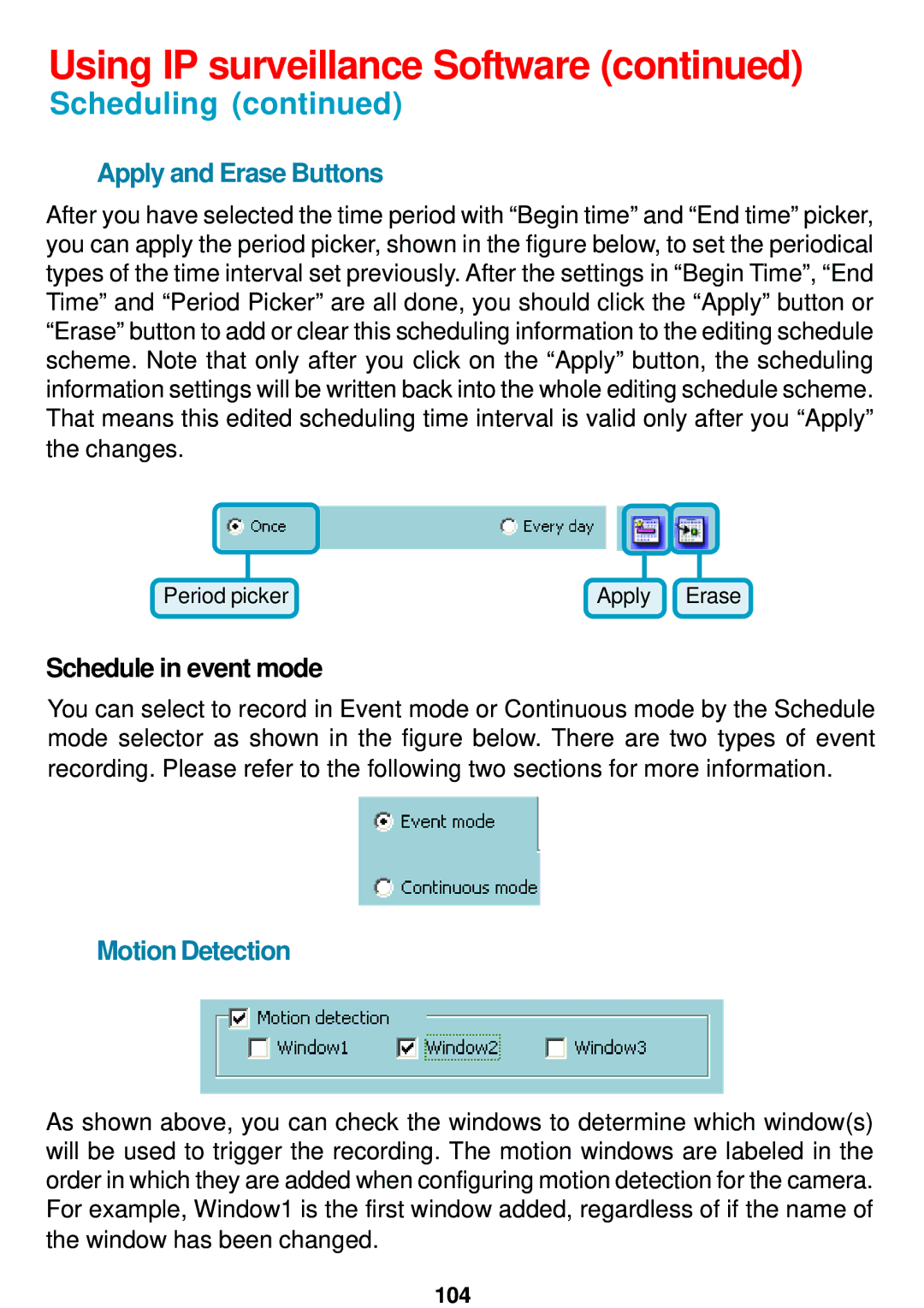 D-Link DCS-5300 manual Apply and Erase Buttons, Schedule in event mode, Motion Detection 