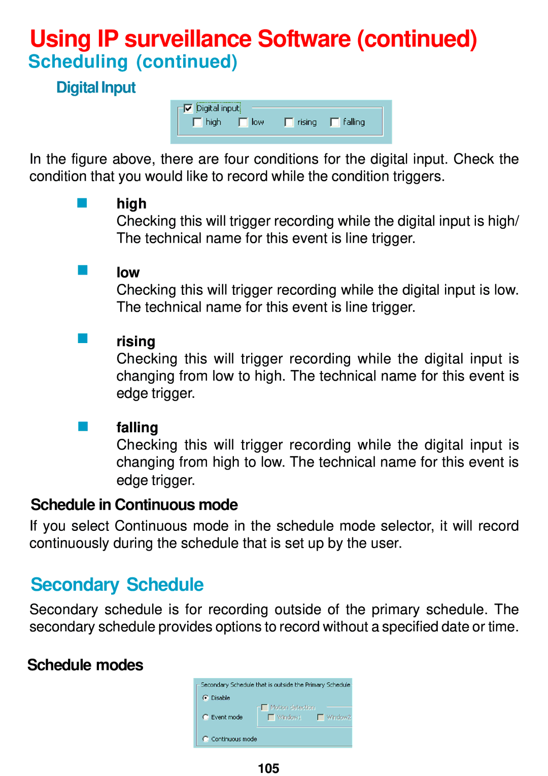 D-Link DCS-5300 manual Secondary Schedule, DigitalInput, Schedule in Continuous mode, Schedule modes 