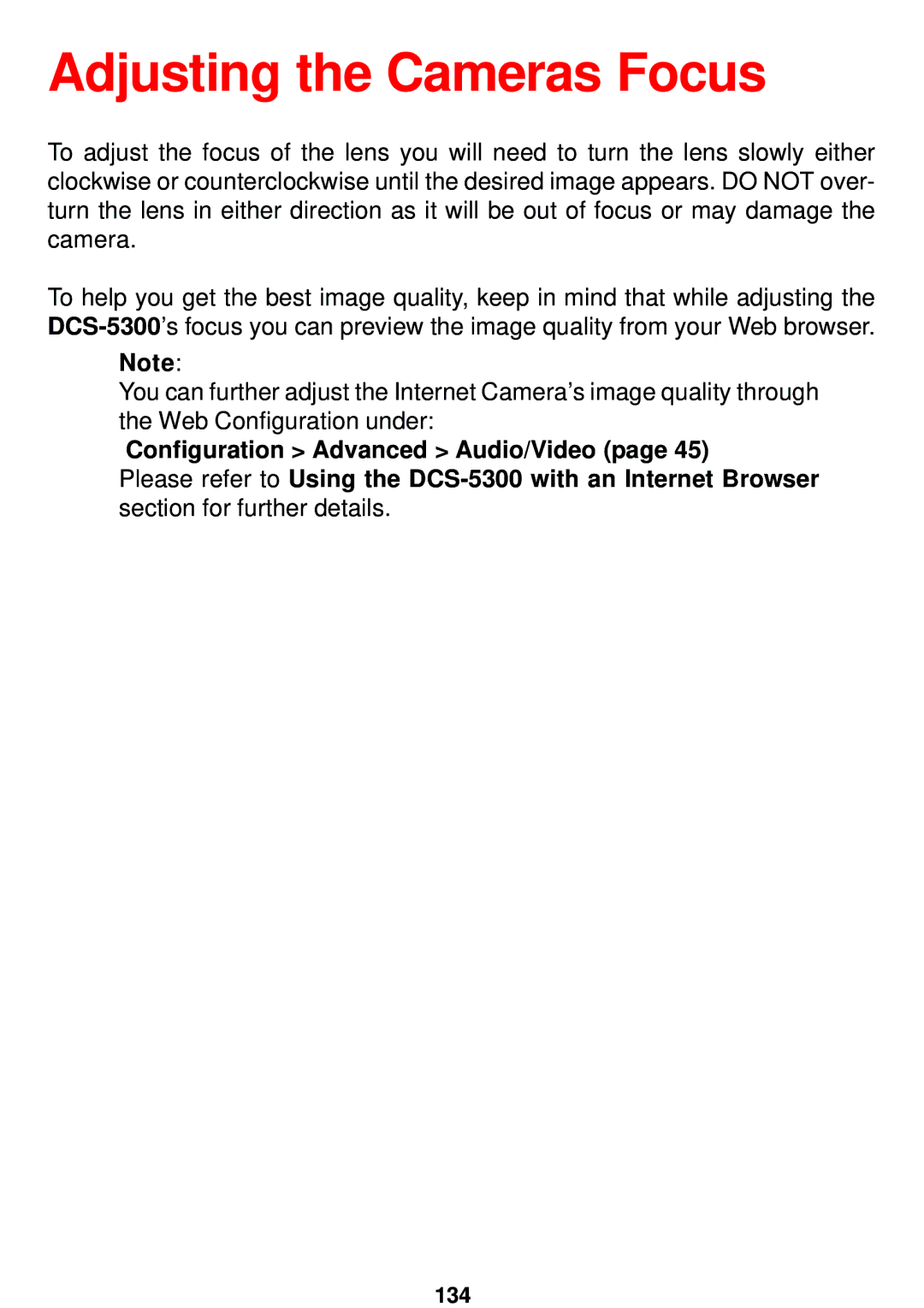 D-Link DCS-5300 manual Adjusting the Cameras Focus, Configuration Advanced Audio/Video 