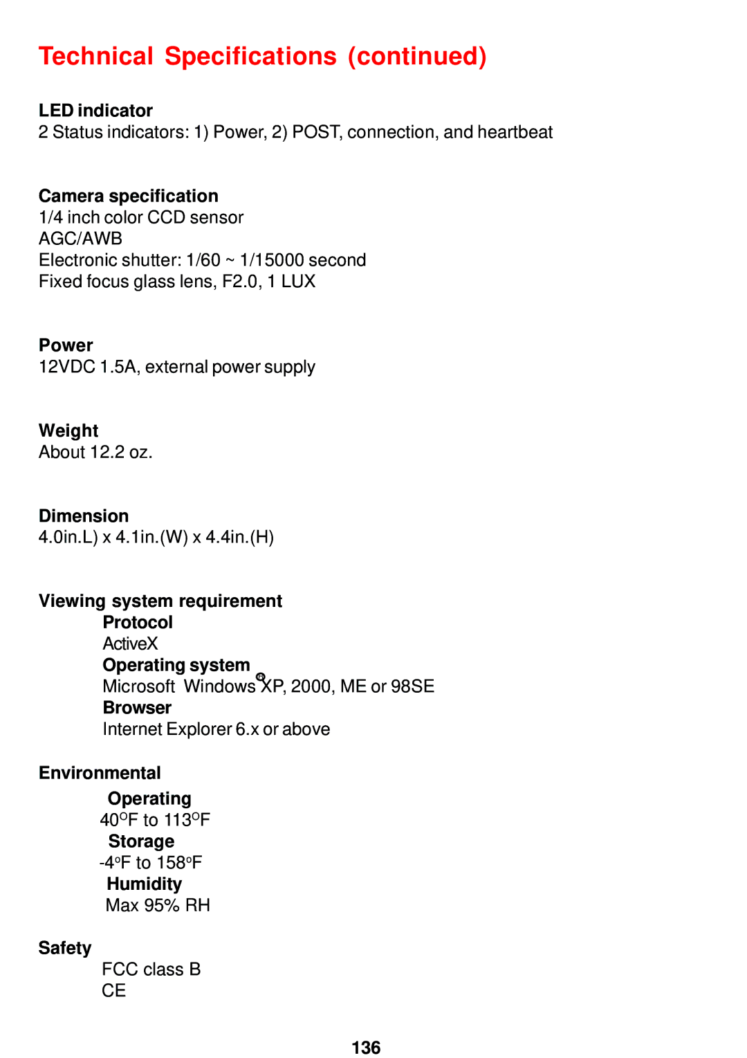 D-Link DCS-5300 manual Technical Specifications 