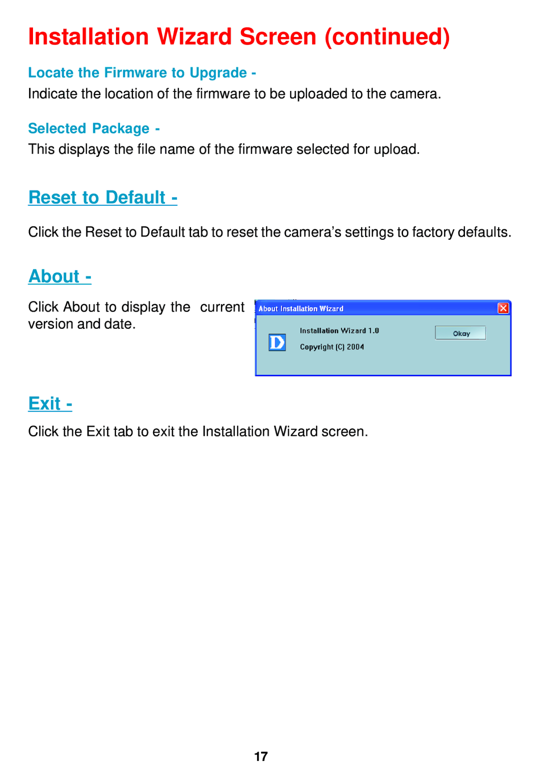 D-Link DCS-5300 manual Reset to Default, About, Exit, Locate the Firmware to Upgrade, Selected Package 