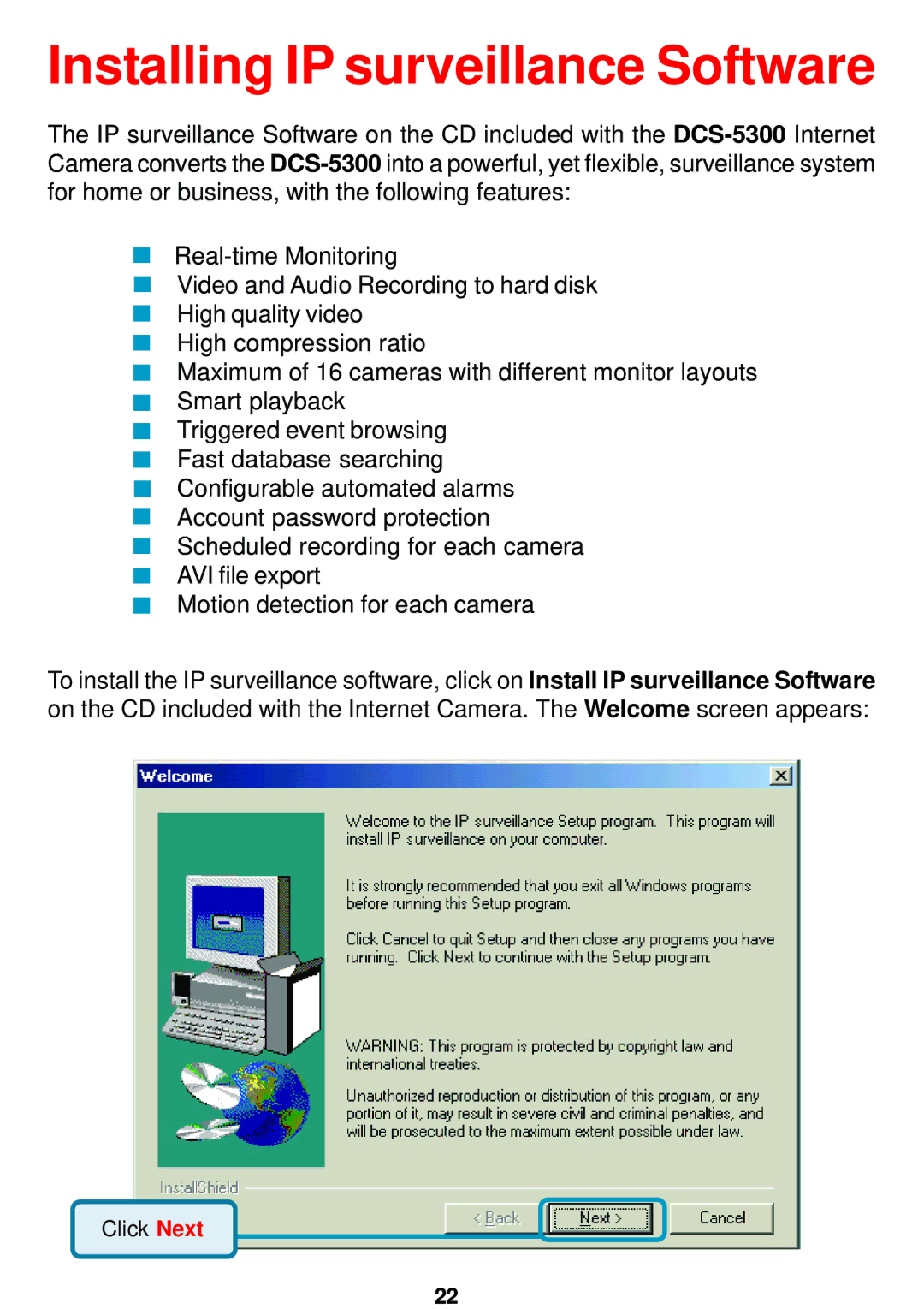 D-Link DCS-5300 manual Installing IP surveillance Software 