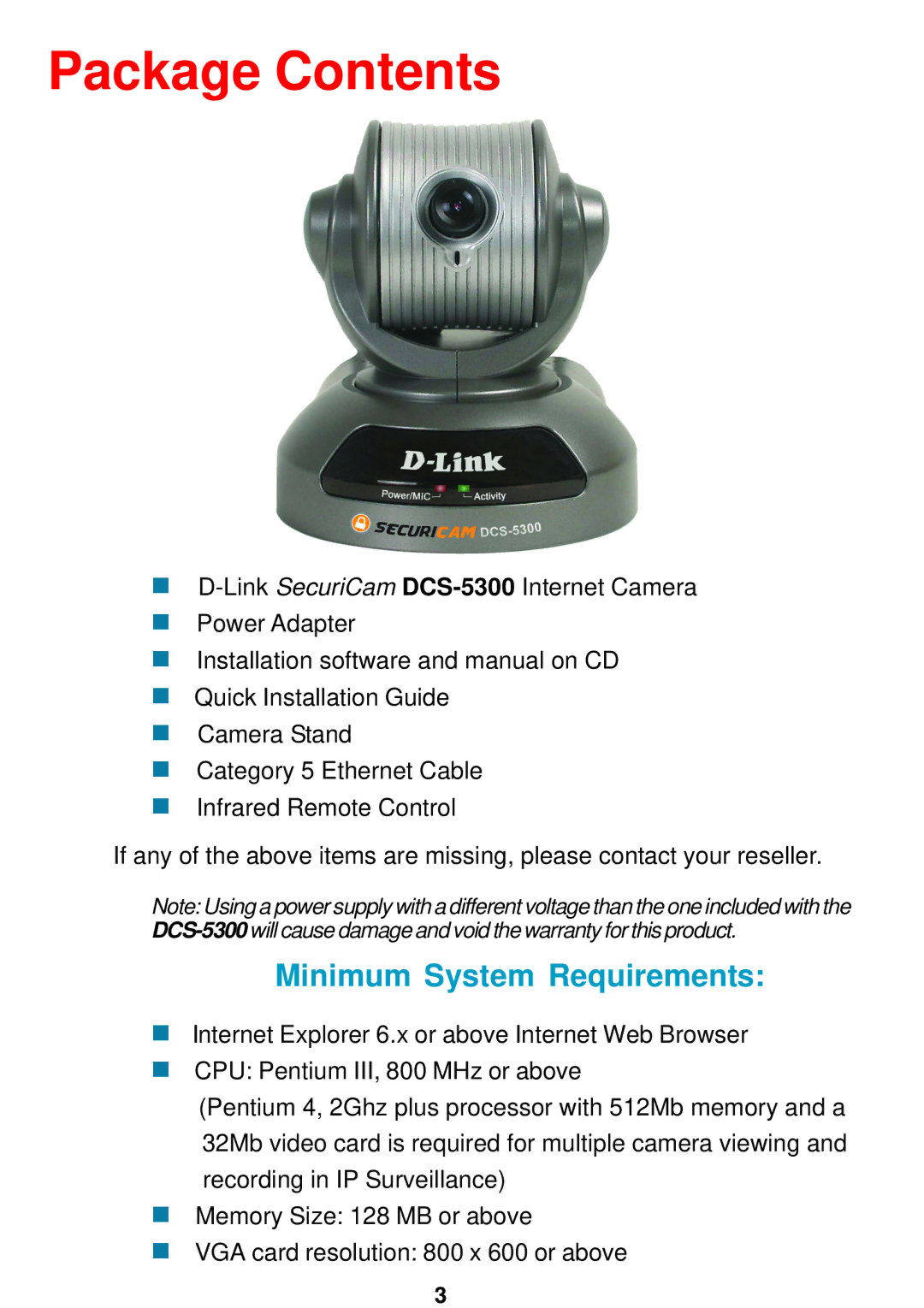 D-Link DCS-5300 manual Package Contents 