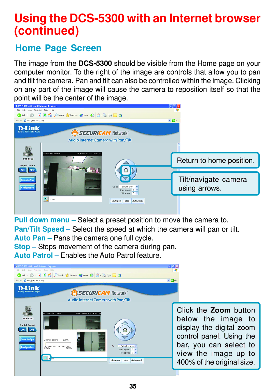 D-Link manual Using the DCS-5300 with an Internet browser, Home Page Screen 