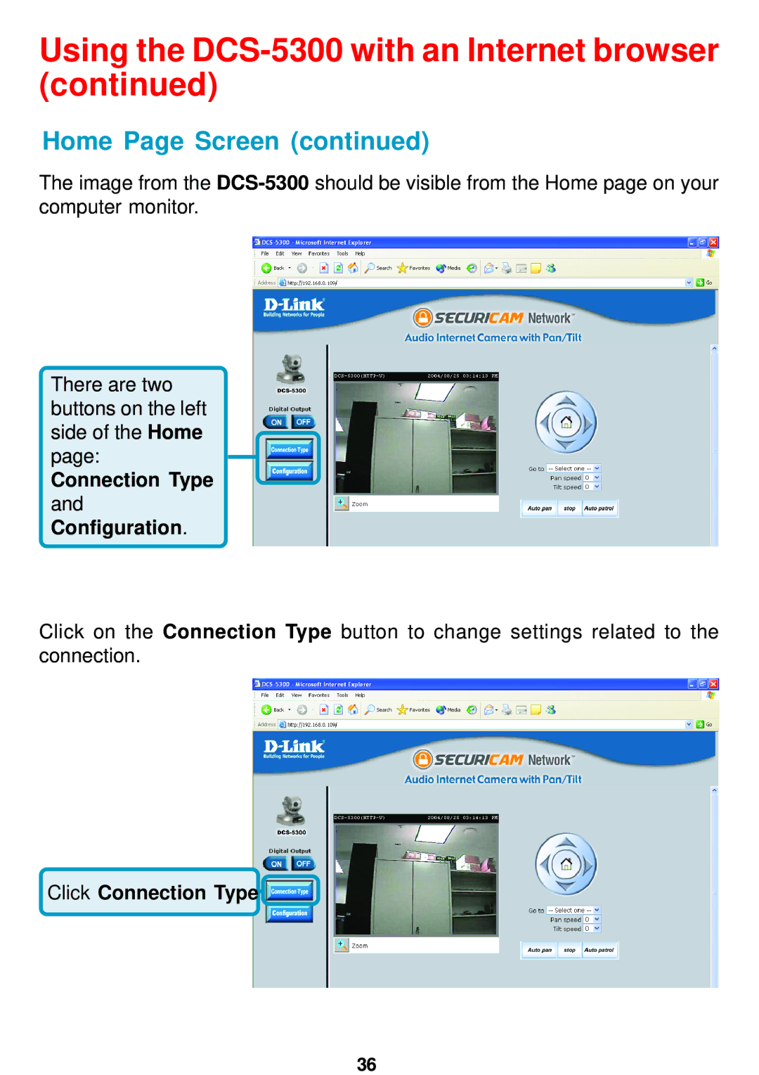 D-Link DCS-5300 manual Connection Type and Configuration, Click Connection Type 