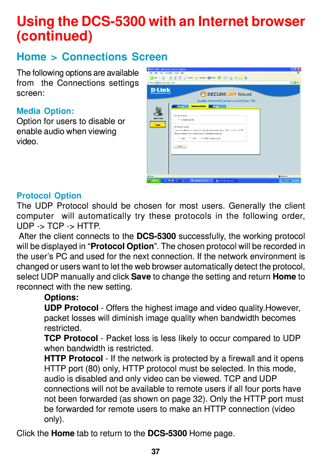 D-Link DCS-5300 manual Home Connections Screen, Media Option, Protocol Option, Options 