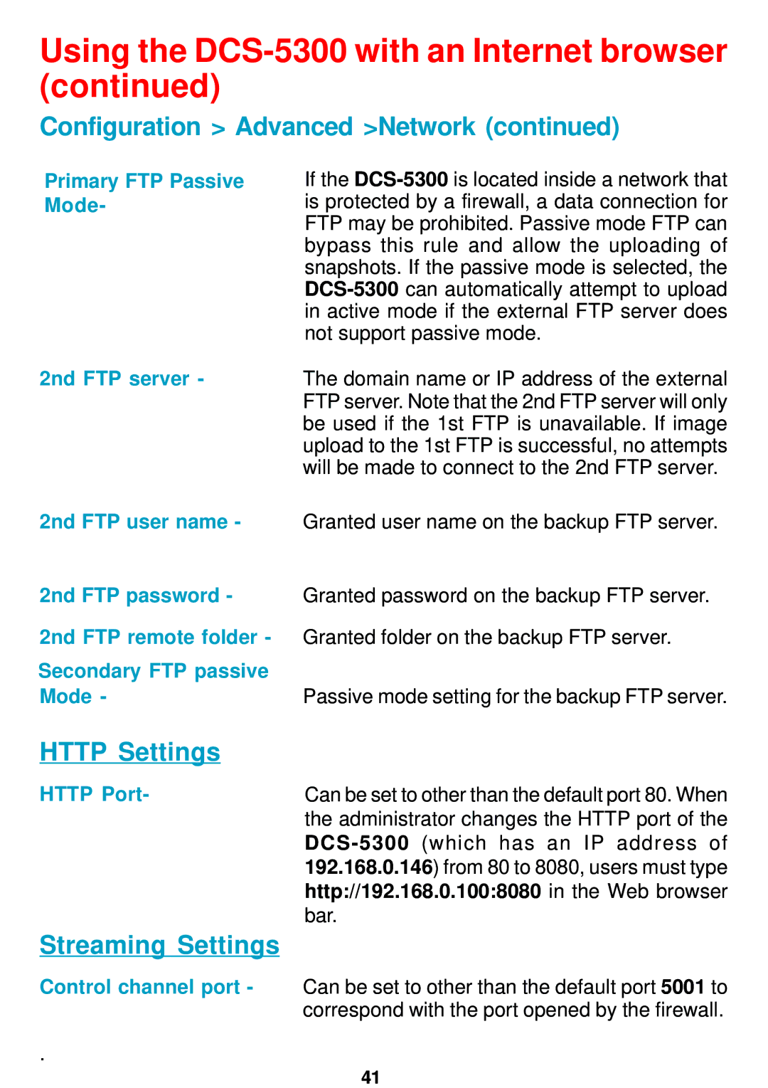 D-Link DCS-5300 manual Http Settings, Streaming Settings 