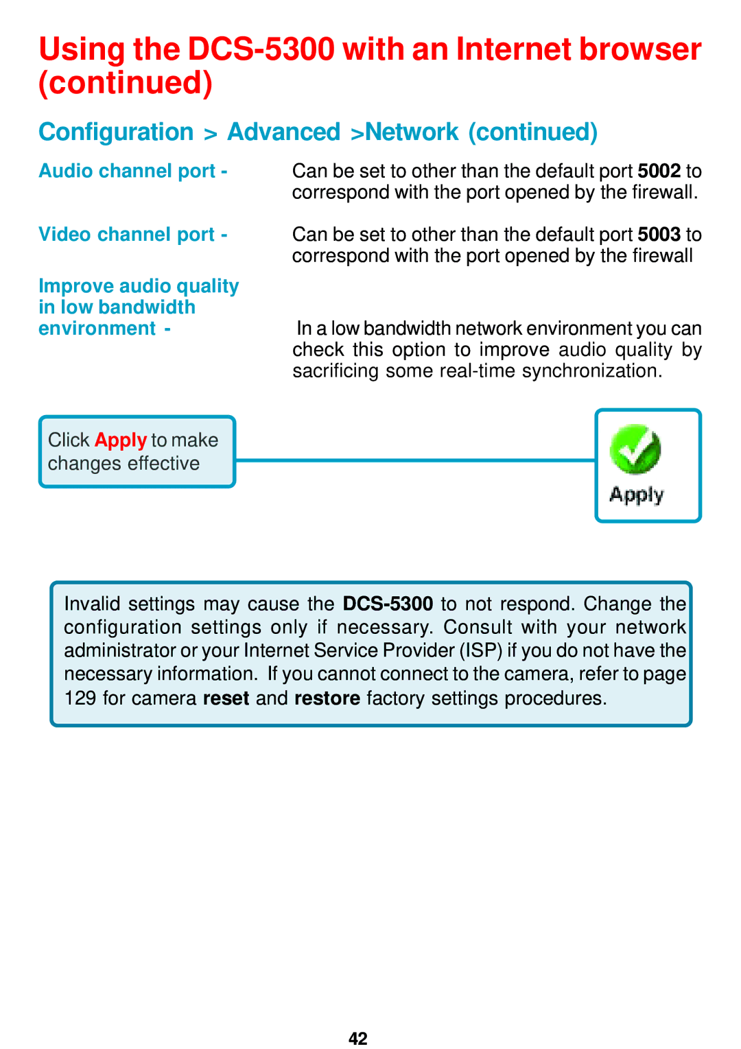 D-Link DCS-5300 manual Improve audio quality in low bandwidth 