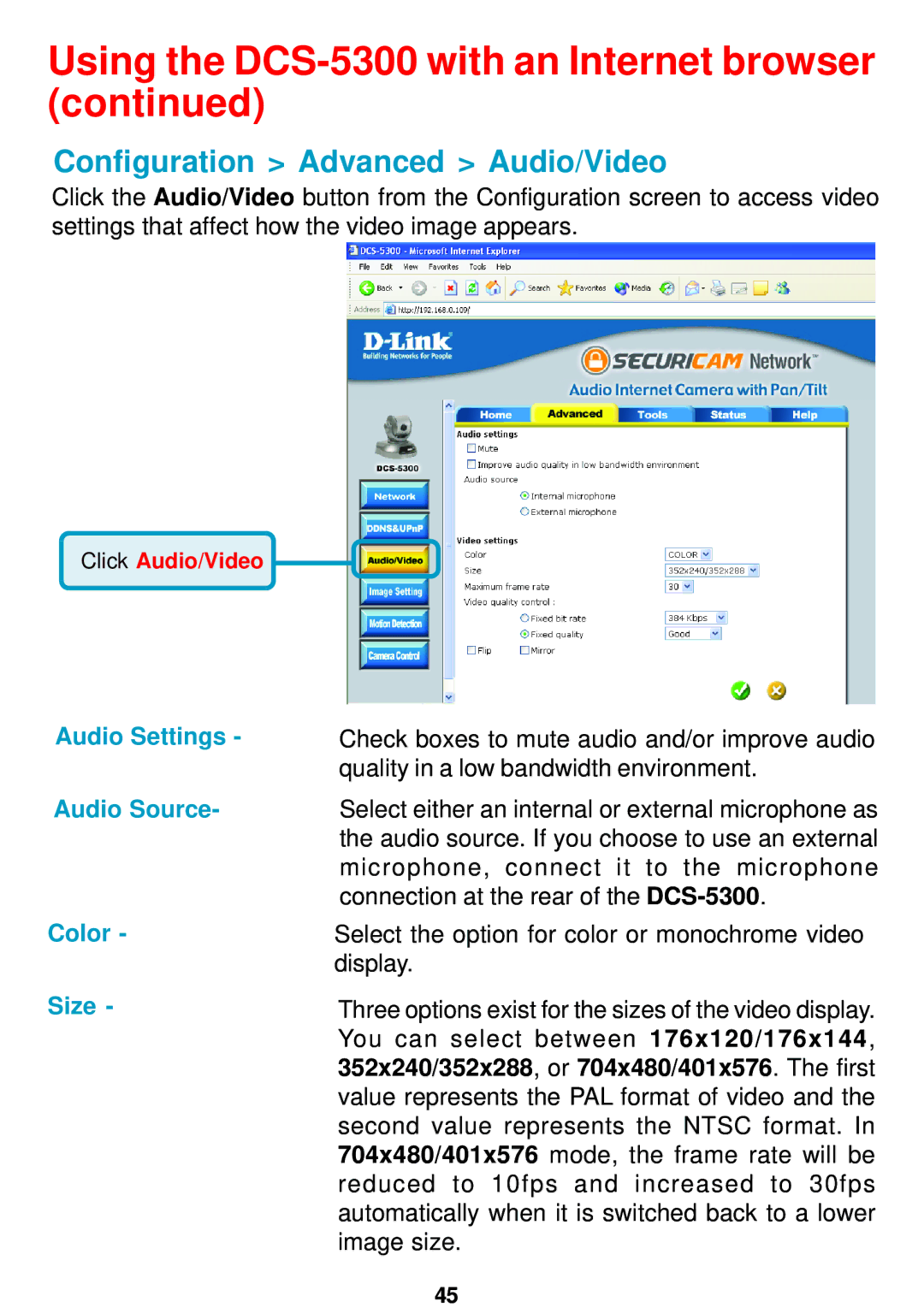 D-Link DCS-5300 manual Configuration Advanced Audio/Video, Audio Settings Audio Source Color Size 