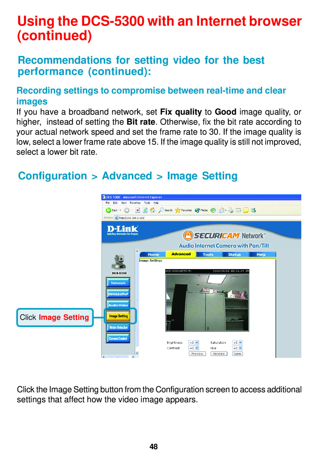 D-Link DCS-5300 manual Configuration Advanced Image Setting 