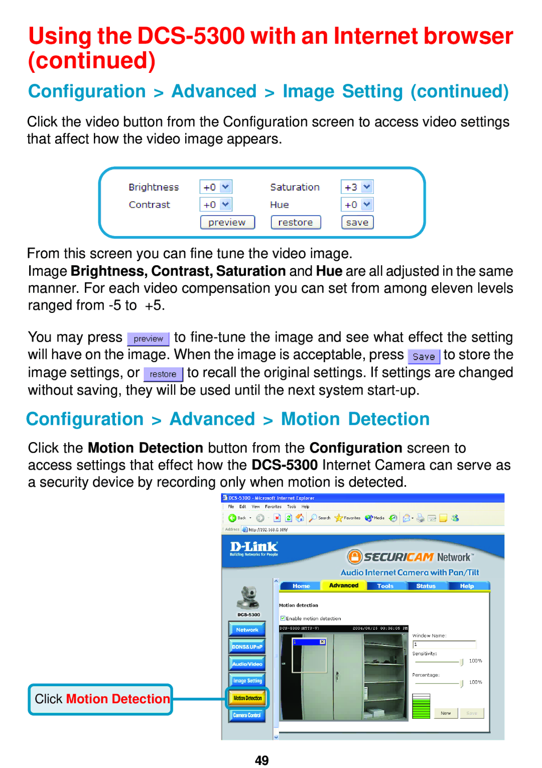 D-Link DCS-5300 manual Configuration Advanced Motion Detection 