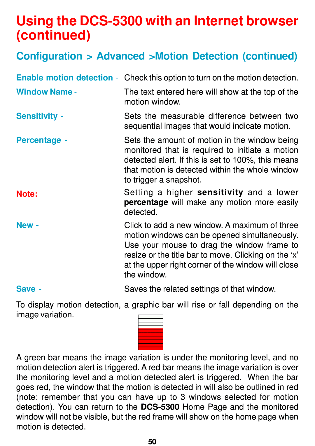 D-Link DCS-5300 manual Sensitivity, Percentage New, Save 