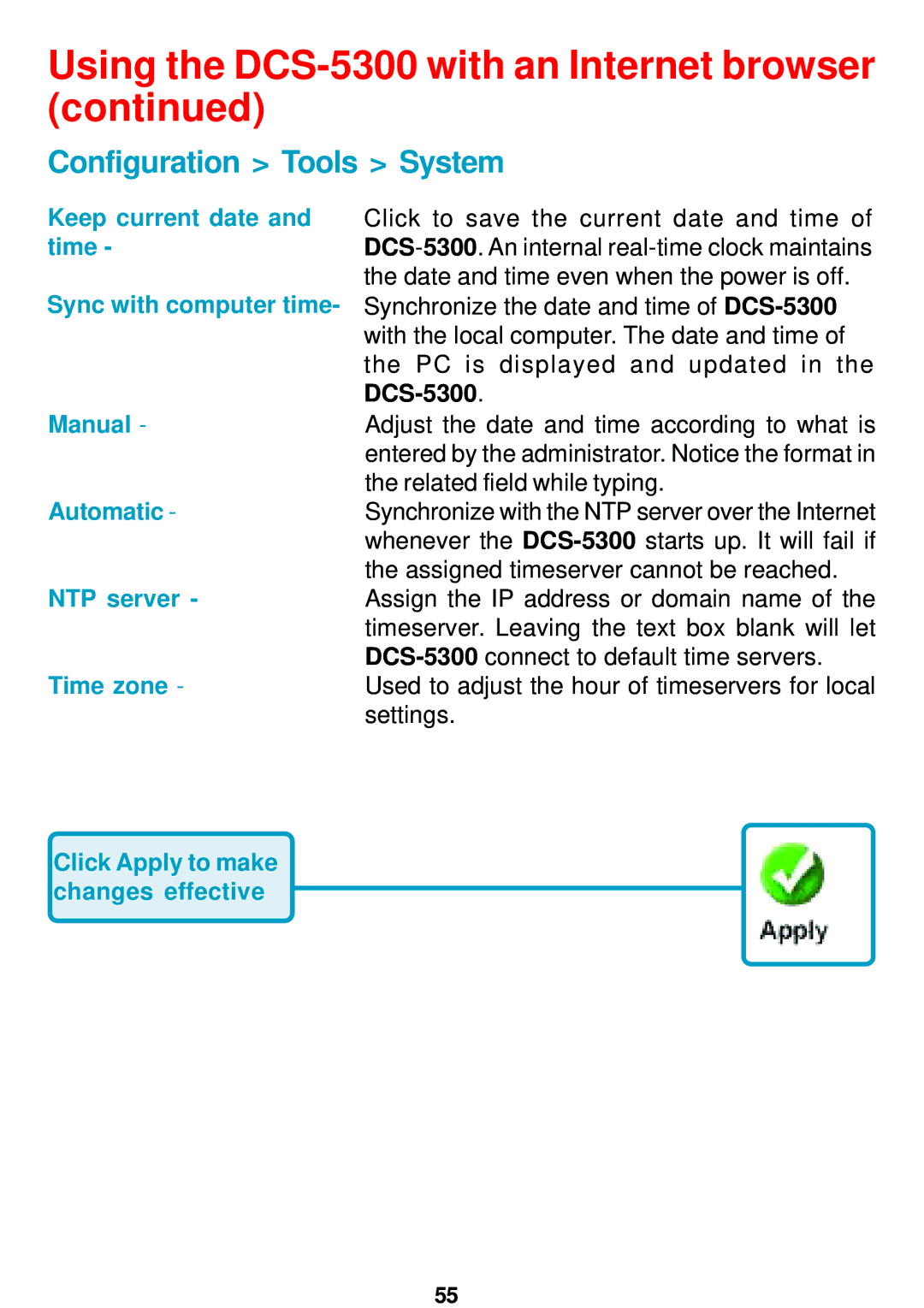 D-Link DCS-5300 manual Keep current date, Manual, Automatic, NTP server, Time zone 