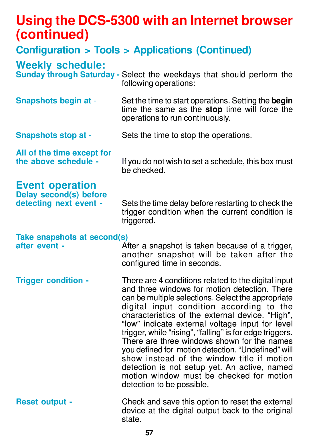 D-Link DCS-5300 manual Configuration Tools Applications Weekly schedule, Event operation 