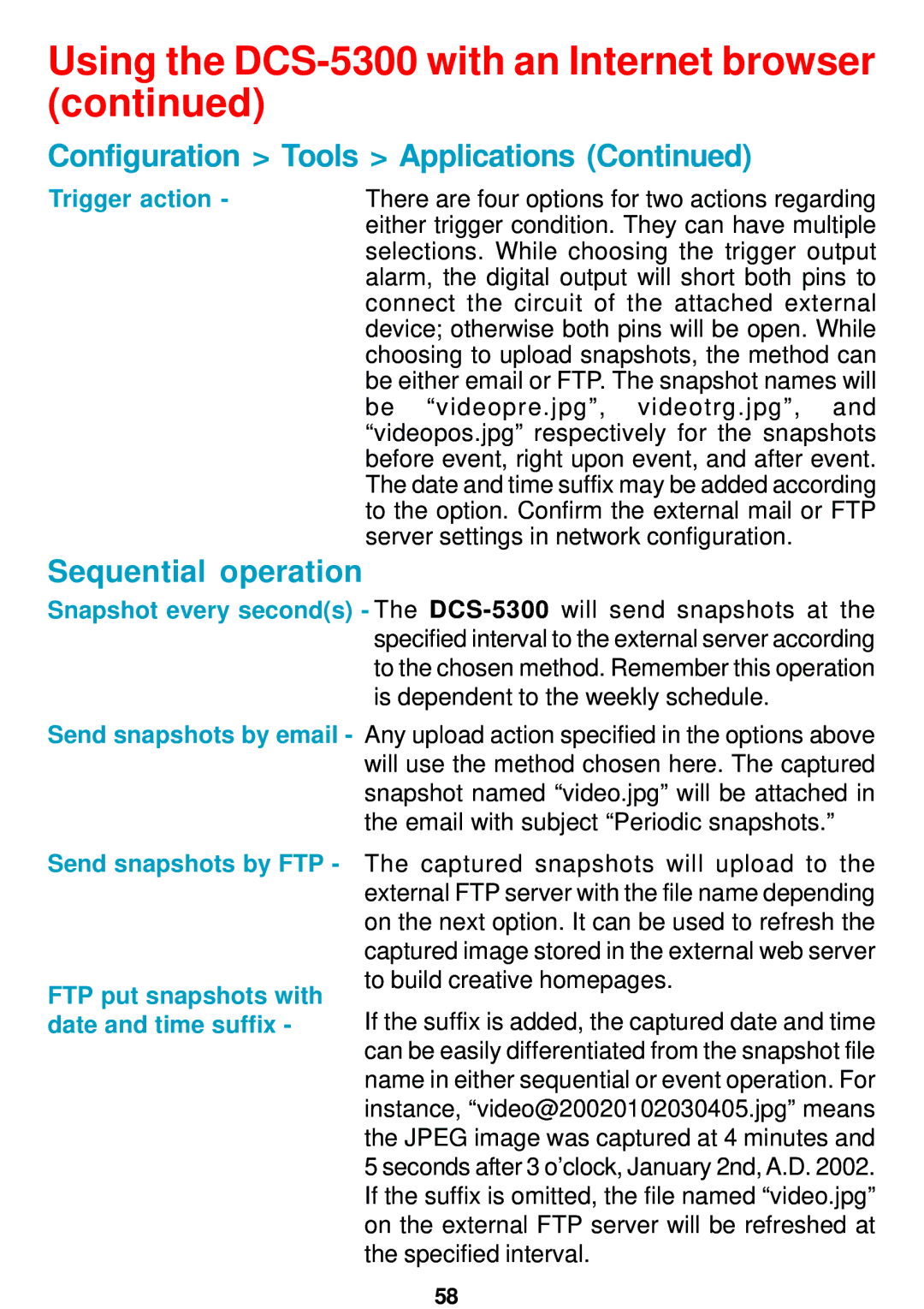 D-Link DCS-5300 manual Sequential operation, Trigger action, FTP put snapshots with, Date and time suffix 