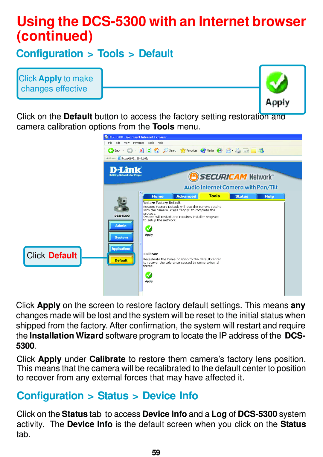 D-Link DCS-5300 manual Configuration Tools Default, Configuration Status Device Info 