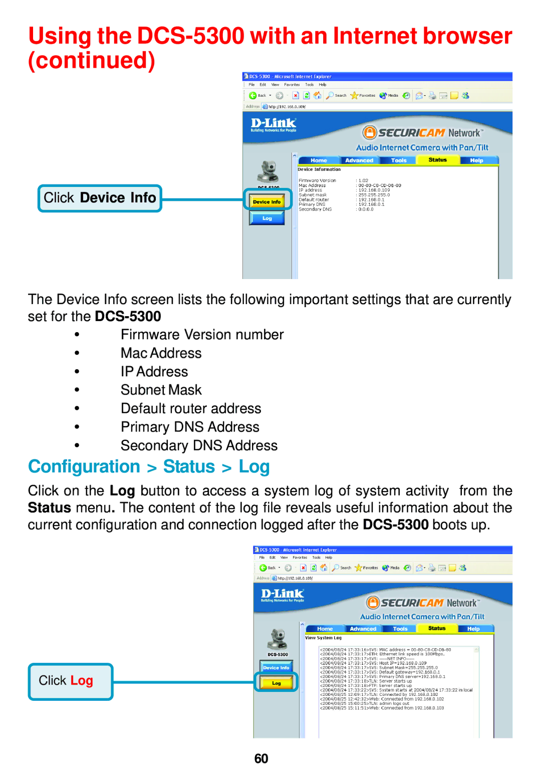 D-Link DCS-5300 manual Configuration Status Log, Click Device Info 