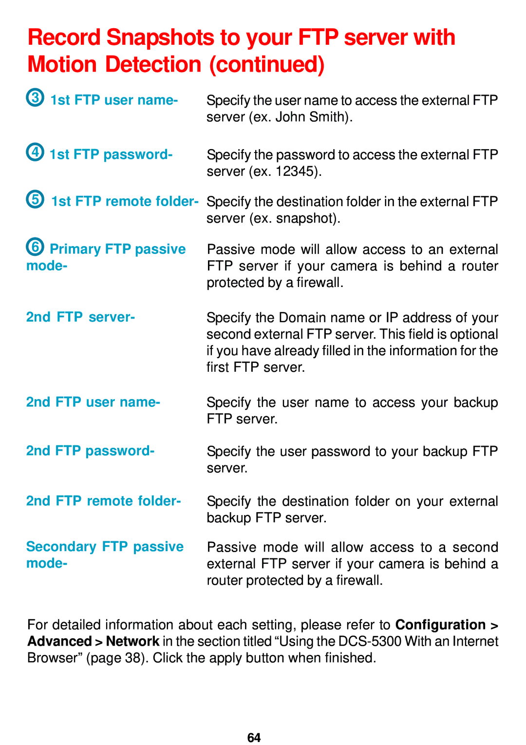 D-Link DCS-5300 manual 2nd FTP remote folder, Secondary FTP passive 