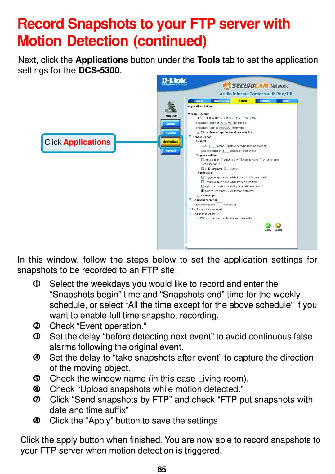 D-Link DCS-5300 manual Click Applications 